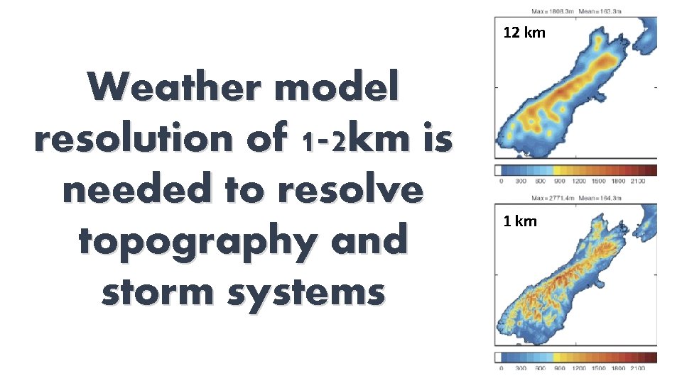 12 km Weather model resolution of 1 -2 km is needed to resolve topography 12 km Weather model resolution of 1 -2 km is needed to resolve topography