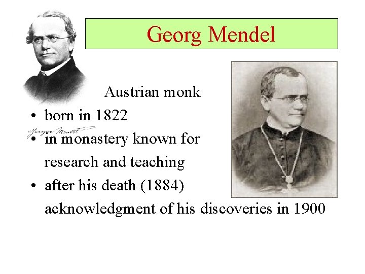 Georg Mendel Austrian monk • born in 1822 • in monastery known for research