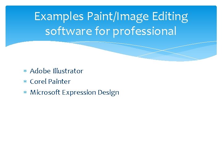 Examples Paint/Image Editing software for professional Adobe Illustrator Corel Painter Microsoft Expression Design 