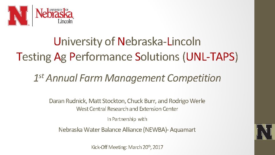 University of Nebraska-Lincoln Testing Ag Performance Solutions (UNL-TAPS) 1 st Annual Farm Management Competition