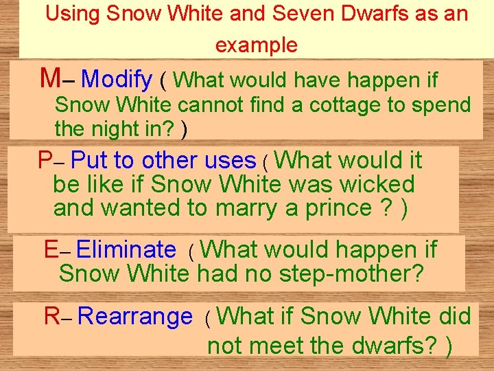 Using Snow White and Seven Dwarfs as an example M– Modify ( What would