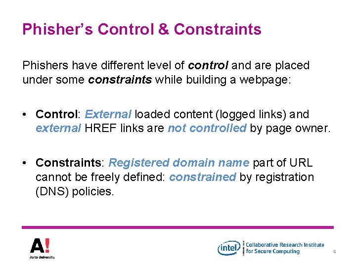 Phisher’s Control & Constraints Phishers have different level of control and are placed under