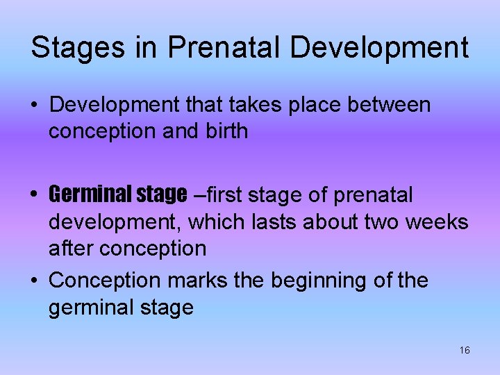 Stages in Prenatal Development • Development that takes place between conception and birth •