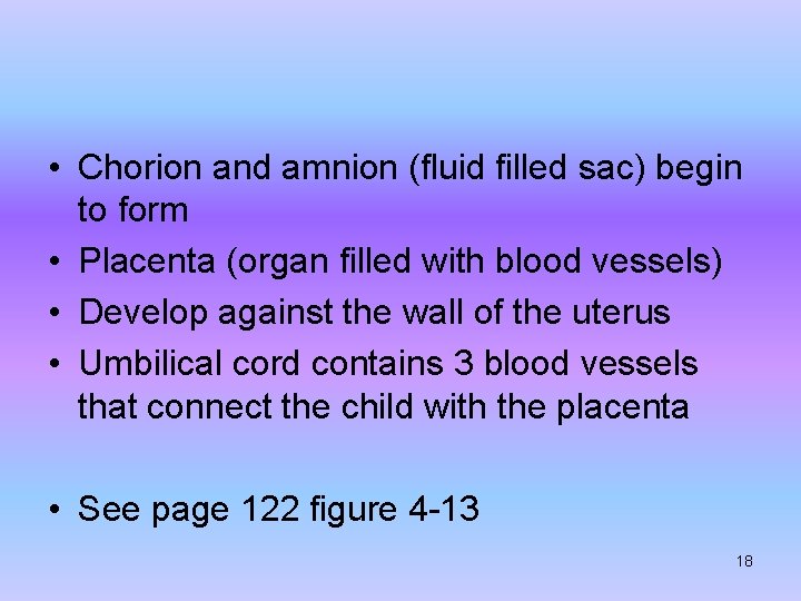 • Chorion and amnion (fluid filled sac) begin to form • Placenta (organ • Chorion and amnion (fluid filled sac) begin to form • Placenta (organ