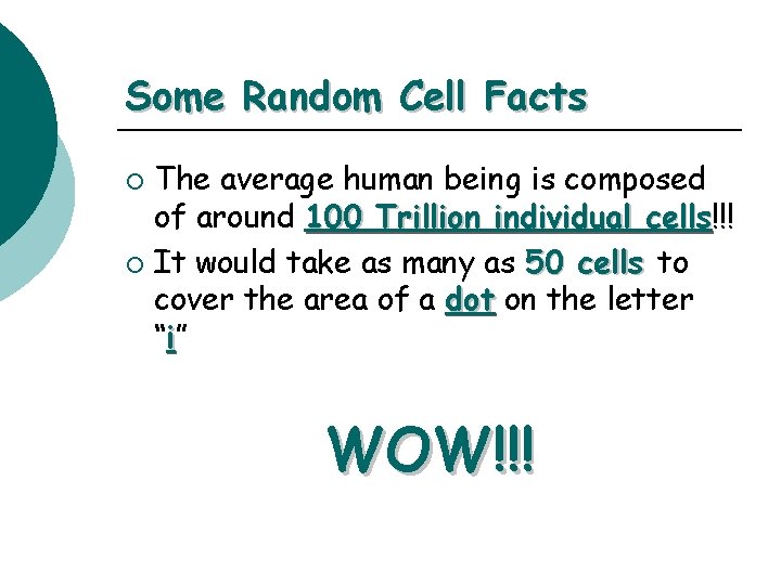 Some Random Cell Facts The average human being is composed of around 100 Trillion