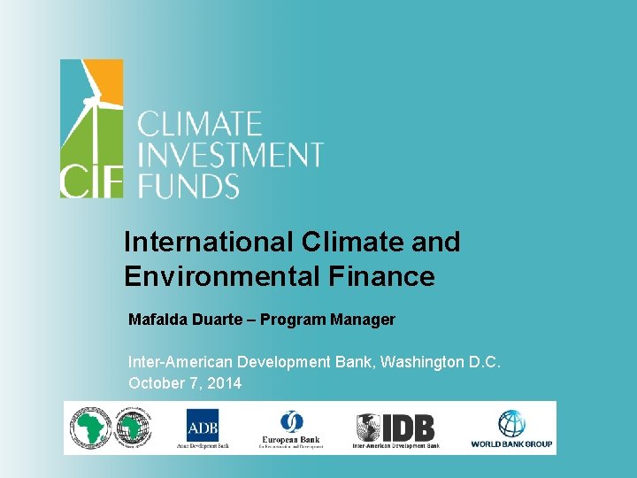  International Climate and Environmental Finance Mafalda Duarte – Program Manager Inter-American Development Bank,