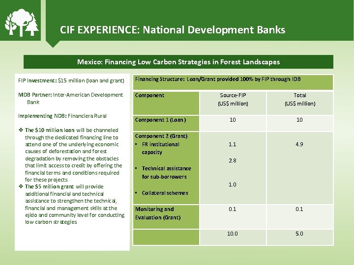 CIF EXPERIENCE: National Development Banks Mexico: Financing Low Carbon Strategies in Forest Landscapes FIP