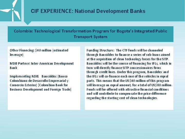 CIF EXPERIENCE: National Development Banks Colombia: Technological Transformation Program for Bogota’s Integrated Public Transport