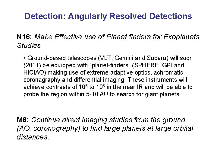 Detection: Angularly Resolved Detections N 16: Make Effective use of Planet finders for Exoplanets