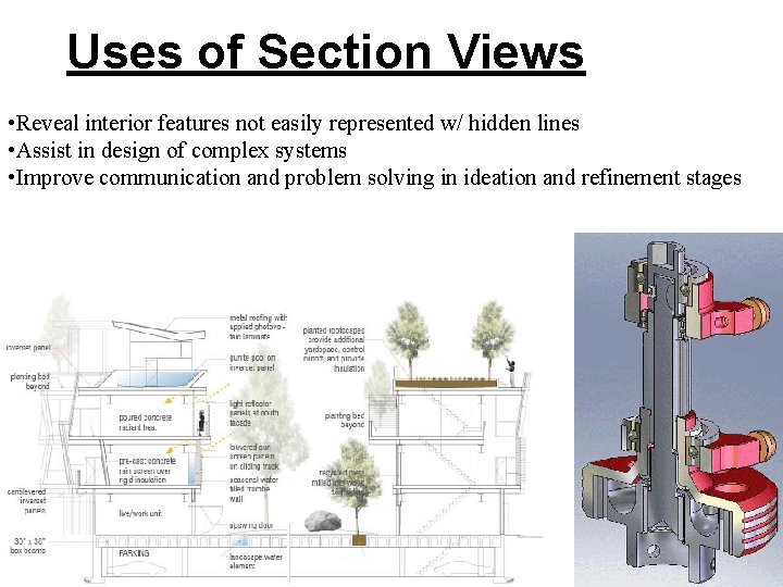 Uses of Section Views • Reveal interior features not easily represented w/ hidden lines