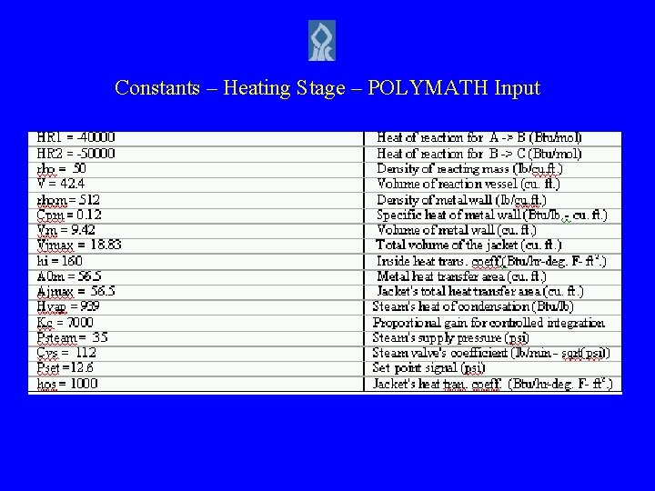 Constants – Heating Stage – POLYMATH Input 