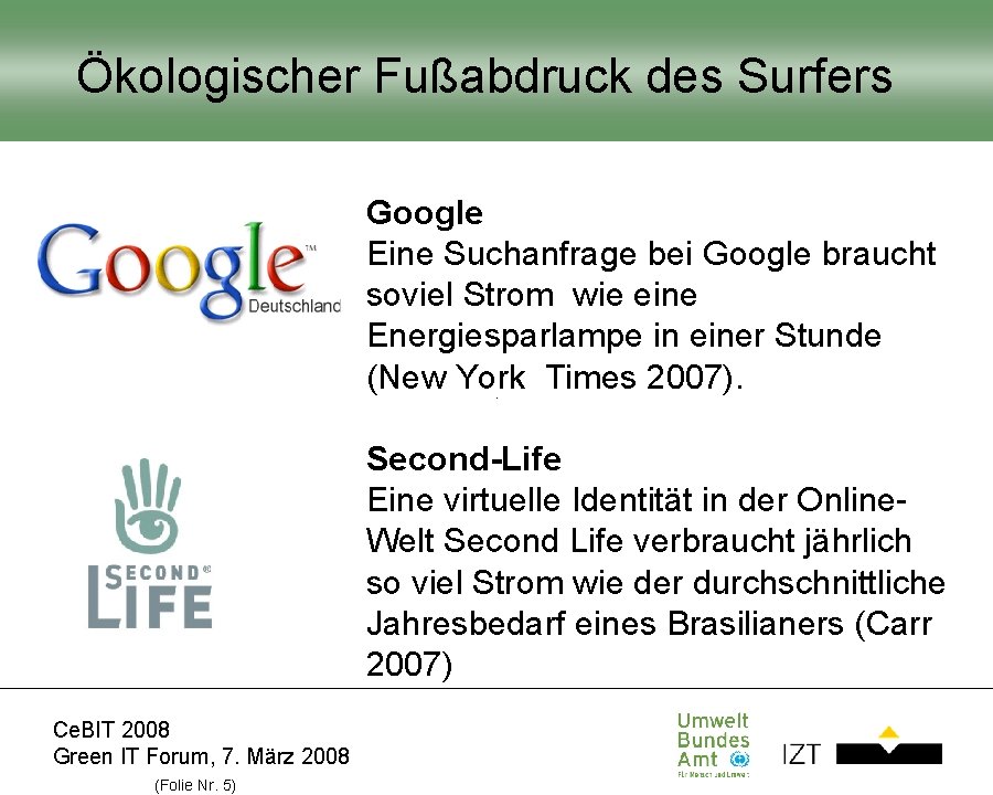 Ökologischer Fußabdruck des Surfers Google Eine Suchanfrage bei Google braucht soviel Strom wie eine Ökologischer Fußabdruck des Surfers Google Eine Suchanfrage bei Google braucht soviel Strom wie eine