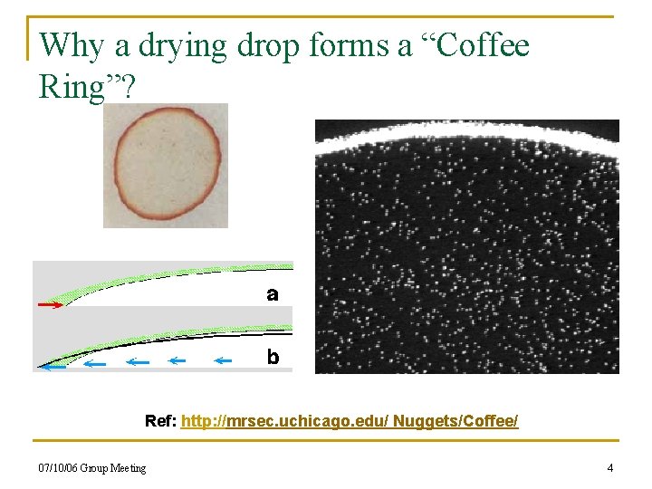 Why a drying drop forms a “Coffee Ring”? Ref: http: //mrsec. uchicago. edu/ Nuggets/Coffee/