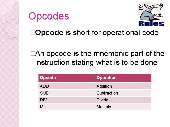 Opcodes �Opcode is short for operational code �An opcode is the mnemonic part of Opcodes �Opcode is short for operational code �An opcode is the mnemonic part of