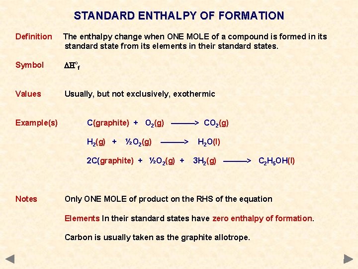 STANDARD ENTHALPY OF FORMATION Definition The enthalpy change when ONE MOLE of a compound