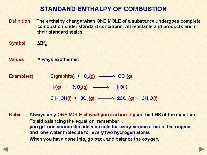 STANDARD ENTHALPY OF COMBUSTION Definition The enthalpy change when ONE MOLE of a substance