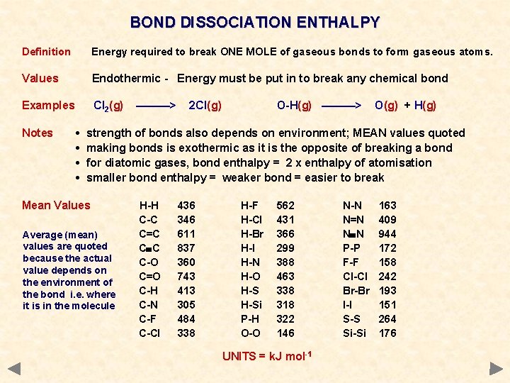 BOND DISSOCIATION ENTHALPY Definition Energy required to break ONE MOLE of gaseous bonds to