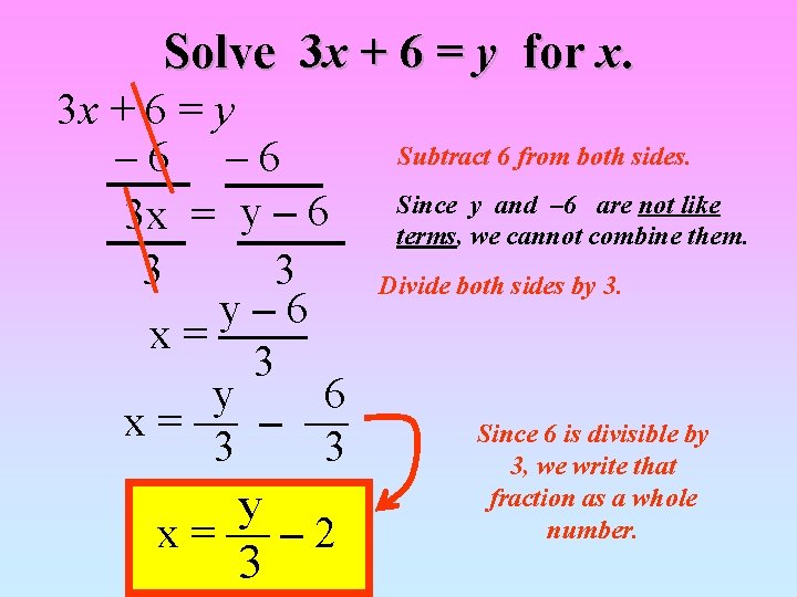 Solve 3 x + 6 = y for x. 3 x + 6 =