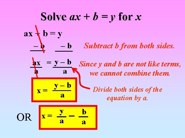 Solve ax + b = y for x ax + b = y –b