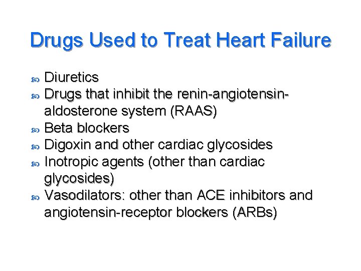 Drugs Used to Treat Heart Failure Diuretics Drugs that inhibit the renin-angiotensinaldosterone system (RAAS)