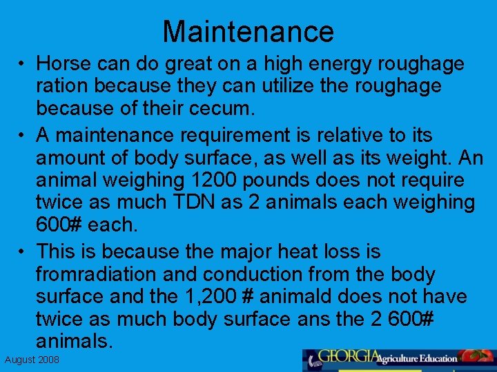 Maintenance • Horse can do great on a high energy roughage ration because they