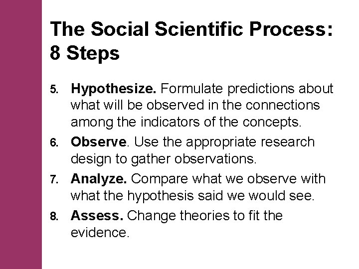 The Social Scientific Process: 8 Steps Hypothesize. Formulate predictions about what will be observed