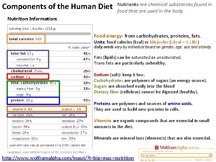 Components of the Human Diet Nutrients are chemical substances found in food that are