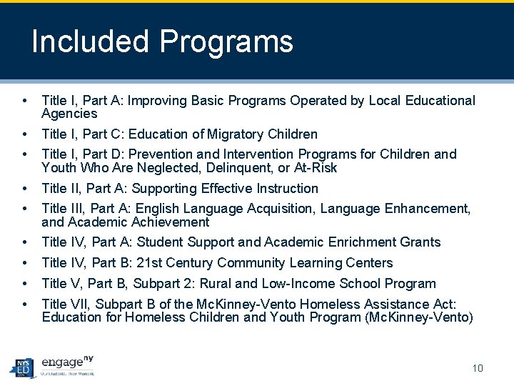Included Programs • Title I, Part A: Improving Basic Programs Operated by Local Educational