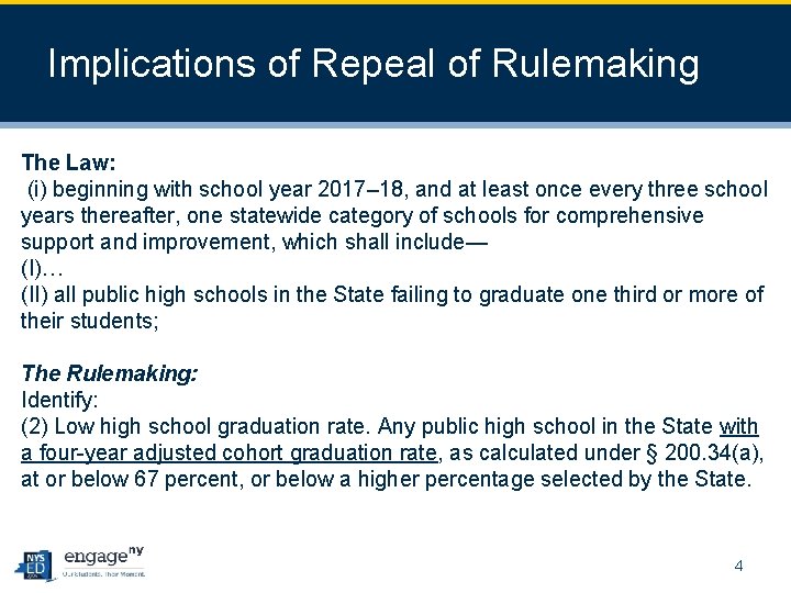 Implications of Repeal of Rulemaking The Law: (i) beginning with school year 2017– 18,