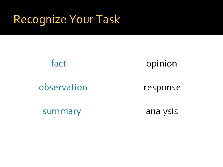 Recognize Your Task fact opinion observation response summary analysis 