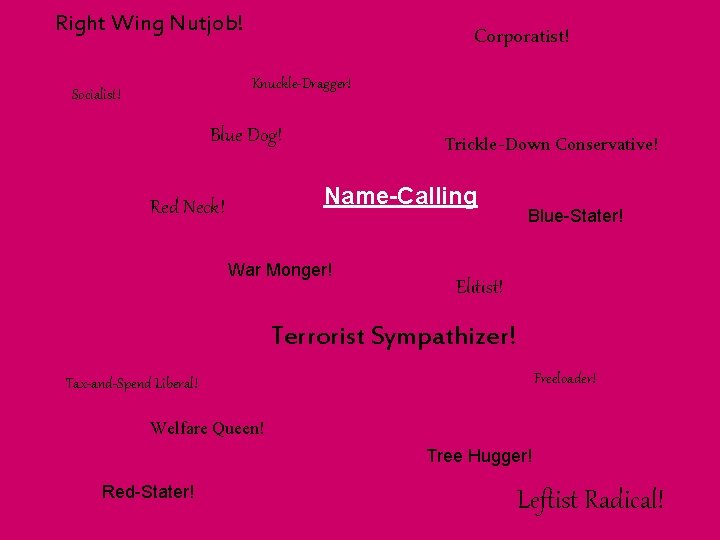 Right Wing Nutjob! Corporatist! Knuckle-Dragger! Socialist! Blue Dog! Trickle-Down Conservative! Name-Calling Red Neck! War Right Wing Nutjob! Corporatist! Knuckle-Dragger! Socialist! Blue Dog! Trickle-Down Conservative! Name-Calling Red Neck! War