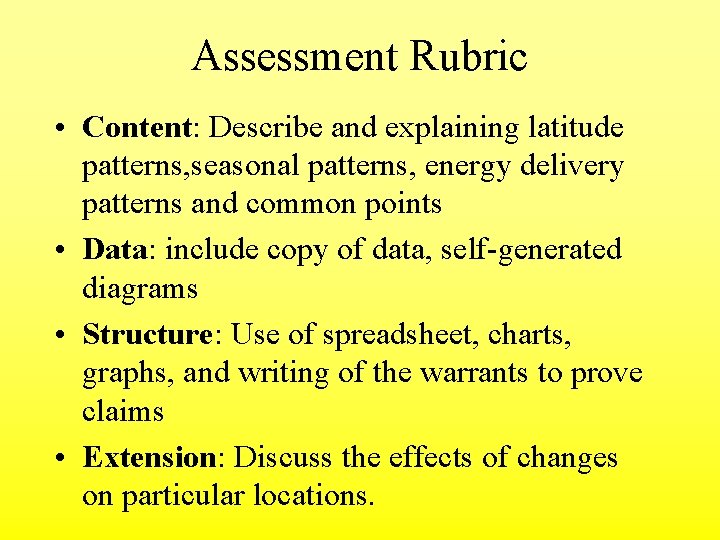 Assessment Rubric • Content: Describe and explaining latitude patterns, seasonal patterns, energy delivery patterns