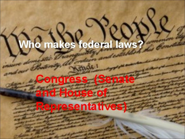 Who makes federal laws? Congress (Senate and House of Representatives) 