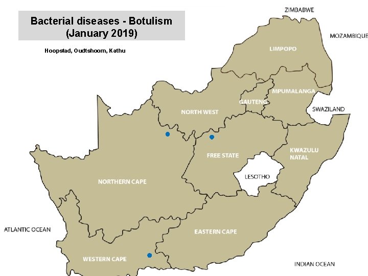 Bacterial diseases - Botulism (January 2019) Hoopstad, Oudtshoorn, Kathu Middelburg, Nelspruit, Bronkhorstspruit, Brits, Christiana,