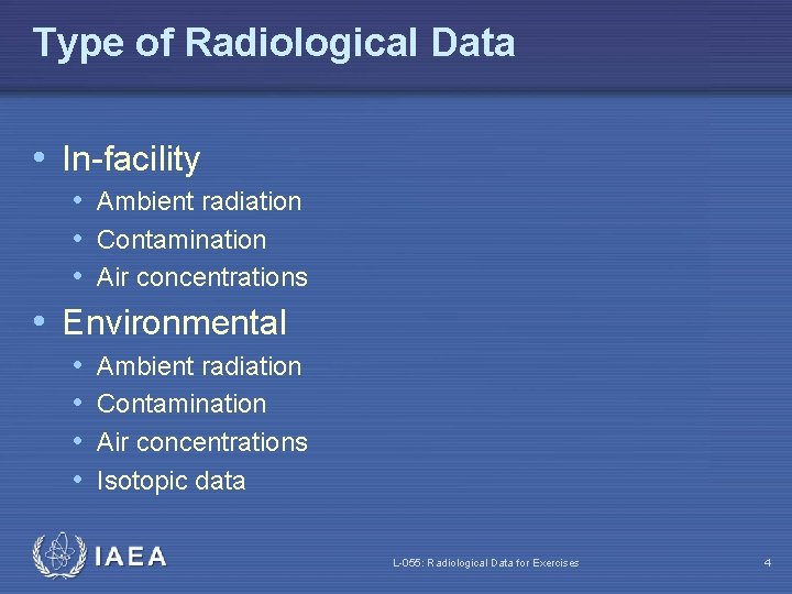 Type of Radiological Data • In-facility • Ambient radiation • Contamination • Air concentrations