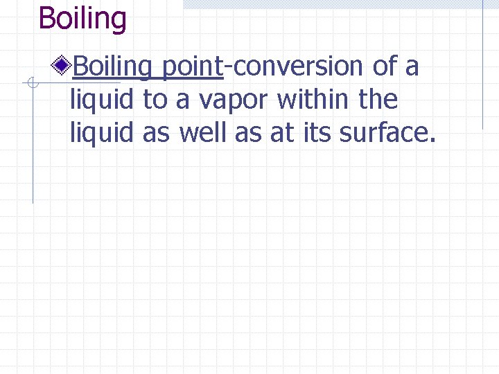 Boiling point-conversion of a liquid to a vapor within the liquid as well as