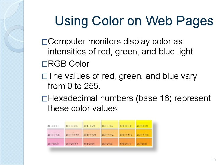 Using Color on Web Pages �Computer monitors display color as intensities of red, green,