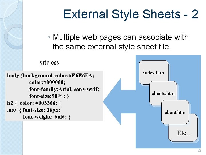 External Style Sheets - 2 ◦ Multiple web pages can associate with the same