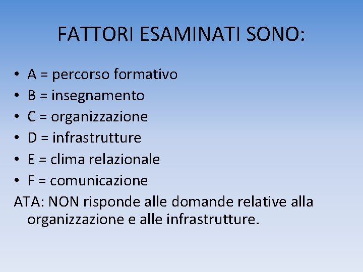 FATTORI ESAMINATI SONO: • A = percorso formativo • B = insegnamento • C