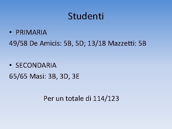 Studenti • PRIMARIA 49/58 De Amicis: 5 B, 5 D; 13/18 Mazzetti: 5 B