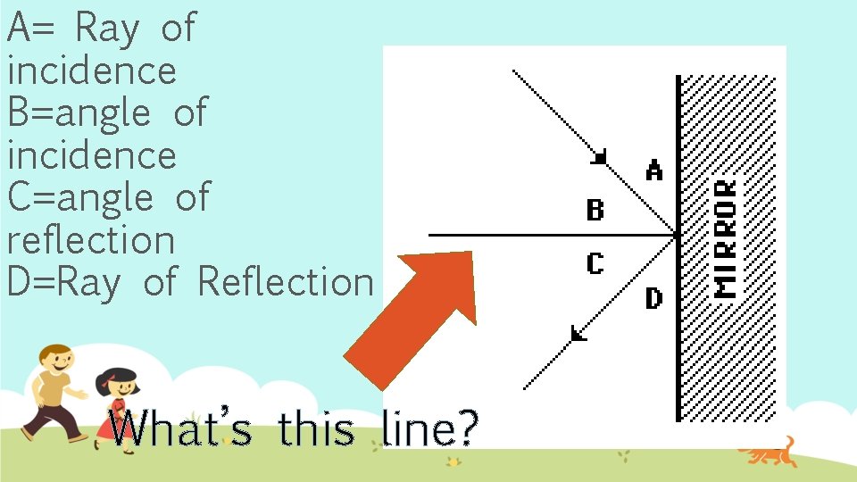 A= Ray of incidence B=angle of incidence C=angle of reflection D=Ray of Reflection What’s