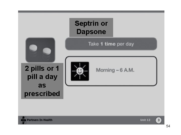 Septrin or Dapsone 2 pills or 1 pill a day as prescribed 54 