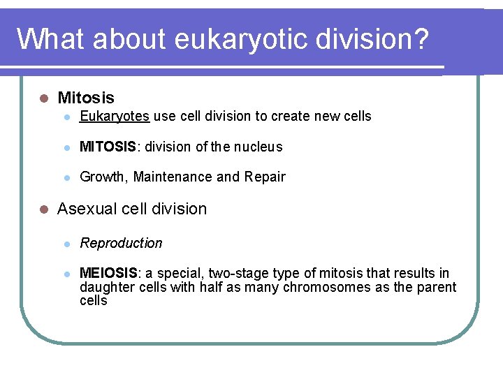 What about eukaryotic division? l l Mitosis l Eukaryotes use cell division to create