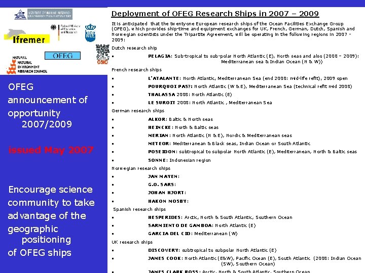 Deployment of OFEG Research Ships in 2007 – 2009 It is anticipated that the