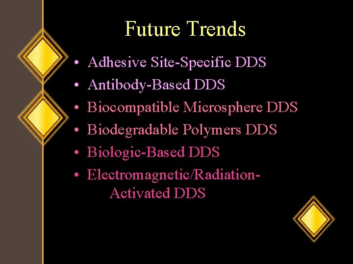 Future Trends • • • Adhesive Site-Specific DDS Antibody-Based DDS Biocompatible Microsphere DDS Biodegradable