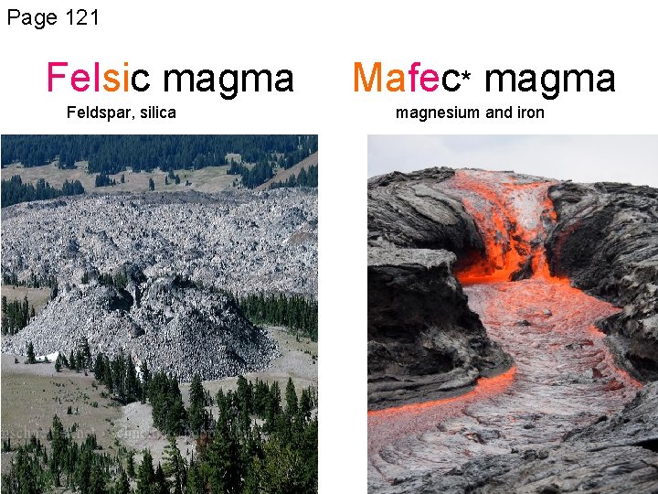 Page 121 Felsic magma Feldspar, silica Mafec* magma magnesium and iron 