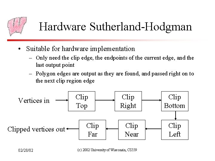 Hardware Sutherland-Hodgman • Suitable for hardware implementation – Only need the clip edge, the