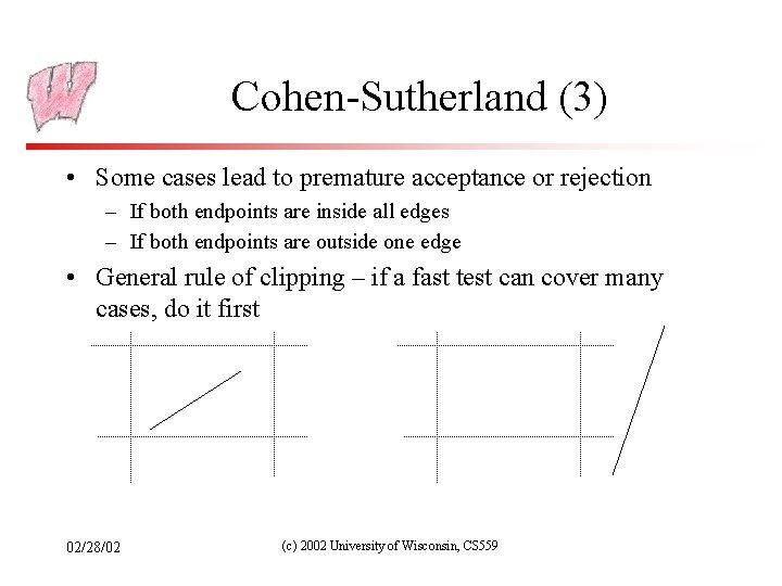 Cohen-Sutherland (3) • Some cases lead to premature acceptance or rejection – If both