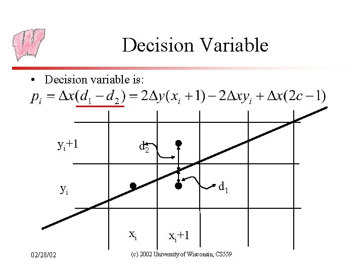 Decision Variable • Decision variable is: yi+1 d 2 d 1 yi xi 02/28/02