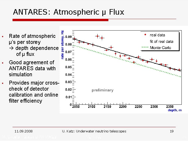 ANTARES: Atmospheric µ Flux § Rate of atmospheric µ’s per storey depth dependence of